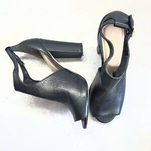 Aldo Black Faux Leather Peep Toe Ankle Strap Block High Heels Womens Size 8.5